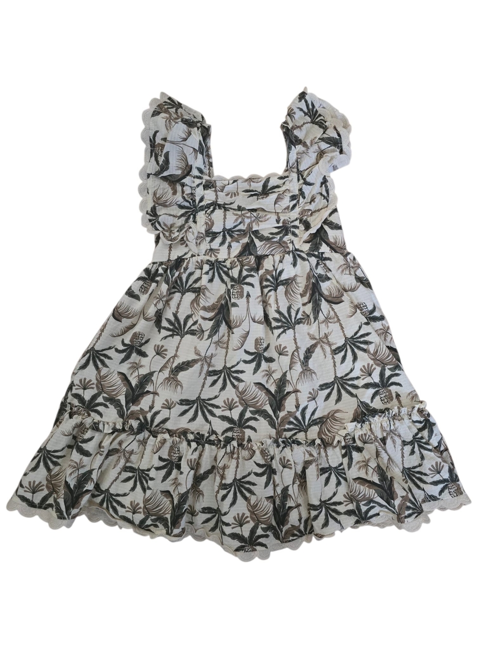 Tommy Bahama Girls' Palm Print Ruffle Sundress in Ivory and Olive-Brown